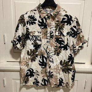 White Stag Size XL 55% Linen Blend Palm Tree Leaf Short Sleeves Blouse Shirt Top